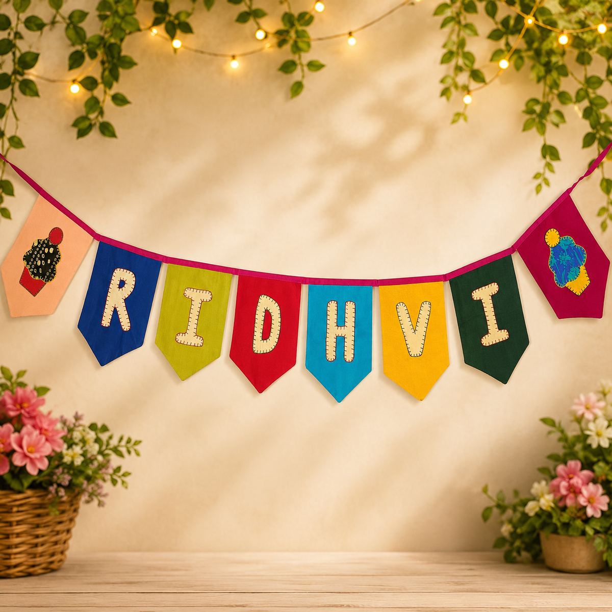 Upcycled Personalized Name Banner with cupcake Motif (Arrow Flag)
