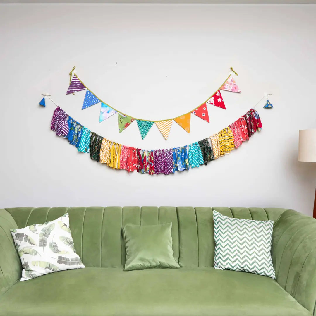 Upcycled Party Streamer Combo - Rainbow Banner Bunting + Rainbow Fringe Streamer Garland (Pack of 2)