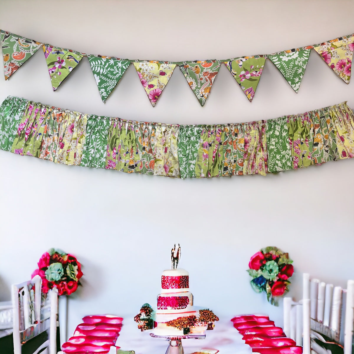 Upcycled Party Green Streamer Combo - Green Banner Bunting + Green Fringe Streamer Garland (Pack of 2)