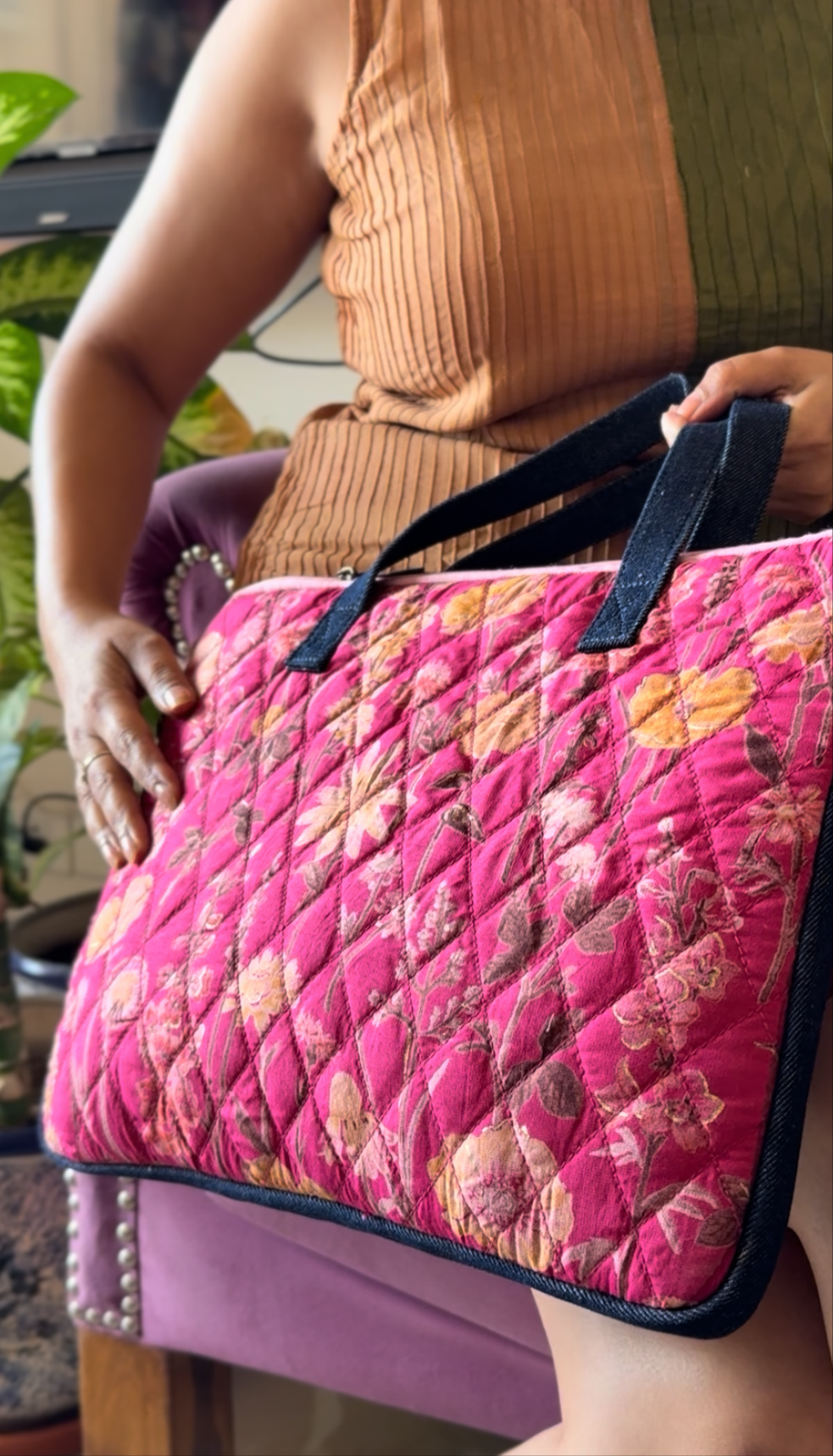 Pink Flora Laptop Bags with Detachable Shoulder Strap