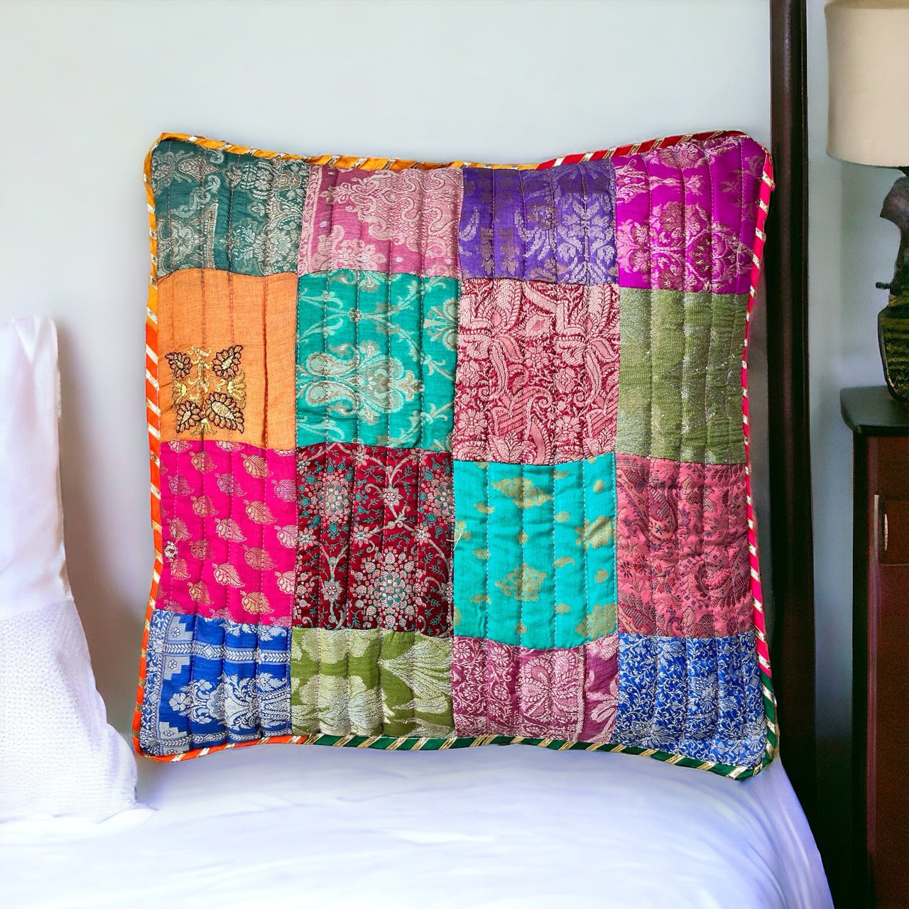 Silk Symphony Patchwork Cushion Covers with Lace Piping (100% Silk)