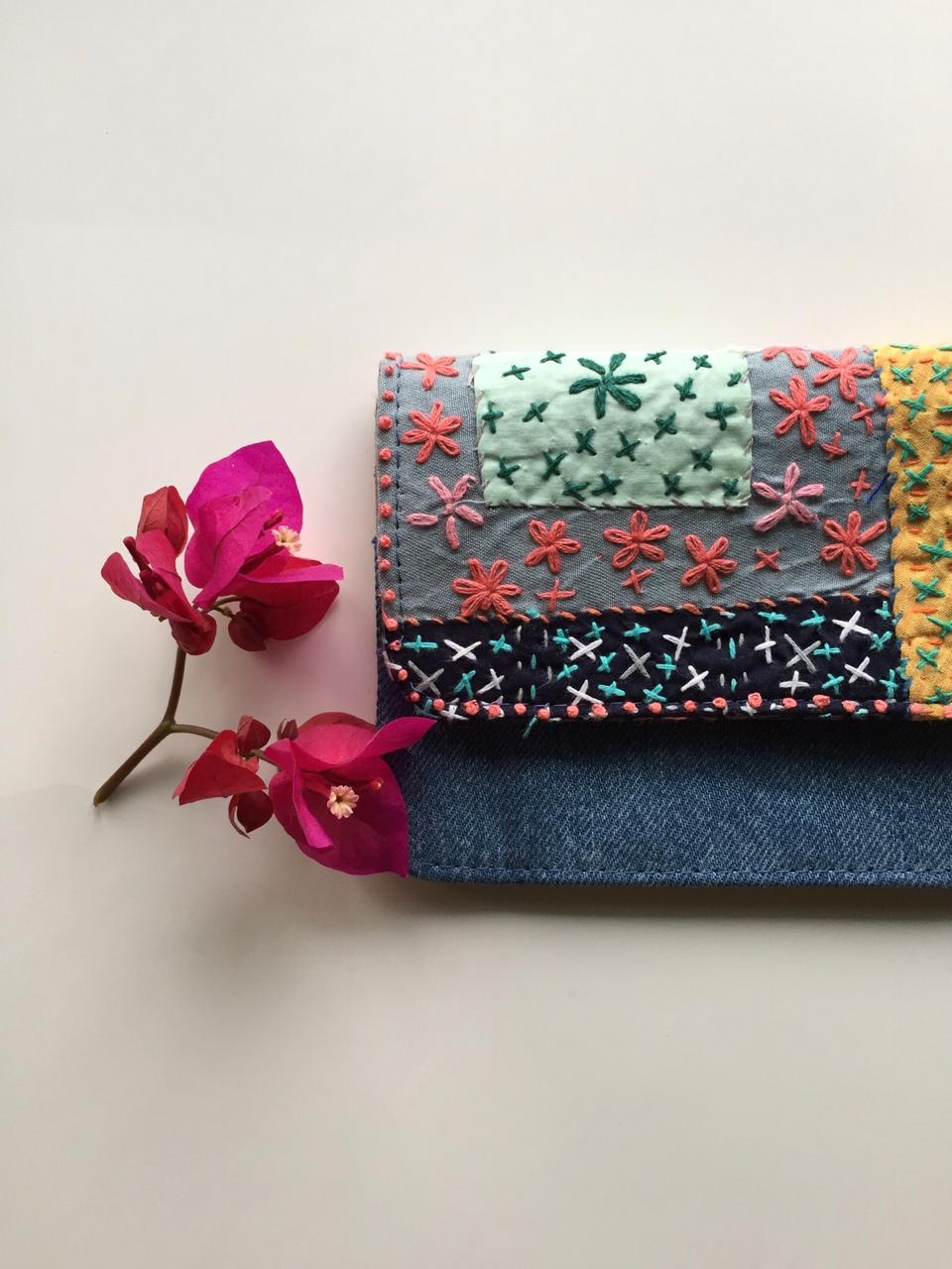Flowery Crossways Sashiko Wallet