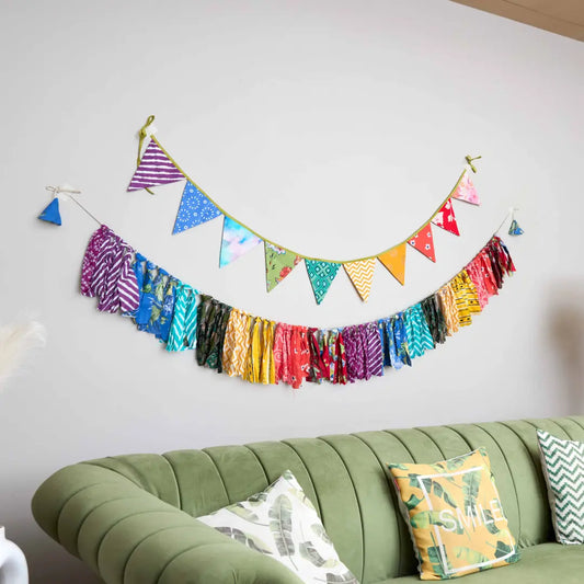 Upcycled Party Streamer Combo - Rainbow Banner Bunting + Rainbow Fringe Streamer Garland (Pack of 2)