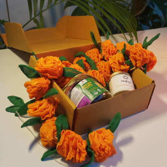 Eco Diwali Gift Box 2 | Genda/Marigold Cloth Flower Garland | Soy Candle Jar | Dates Jar with Filling