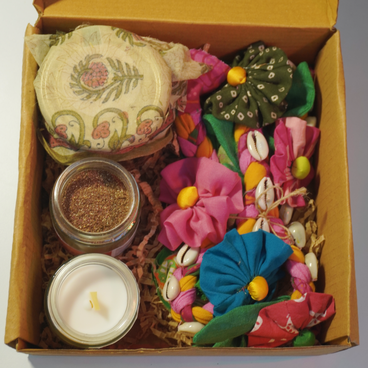 Eco Diwali Gift Box 1 | Upcycled Flower Toran | Soy Candle Jar | Dates Jar with Filling | Coffee & Orange Body Scrub