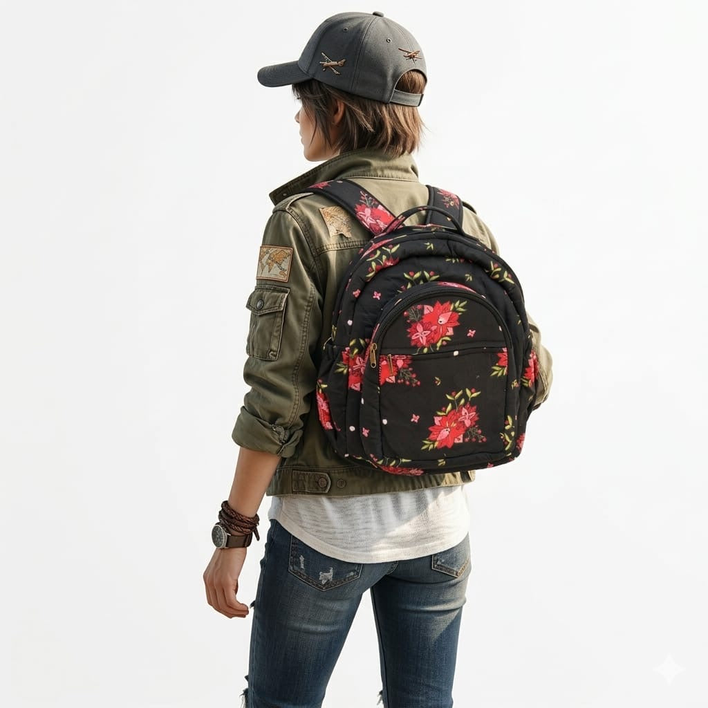 Black Floral Print Backpack