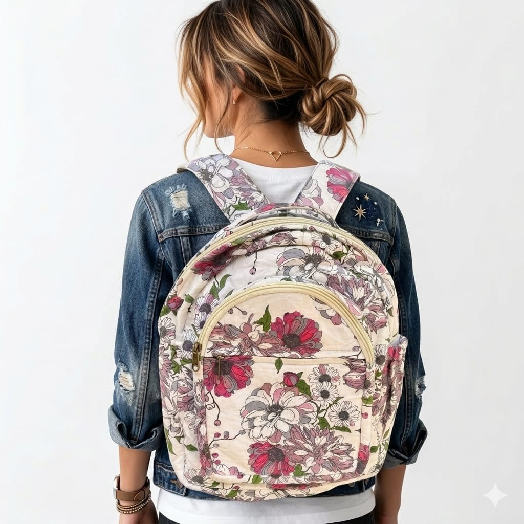White Floral Print Backpack