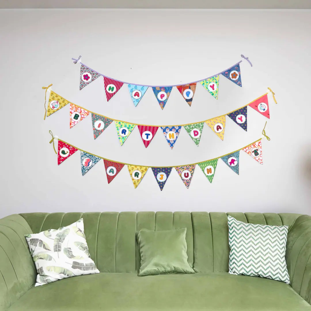 Upcycled Personalized Name Banner with Animal Motifs (Triangle Flag)