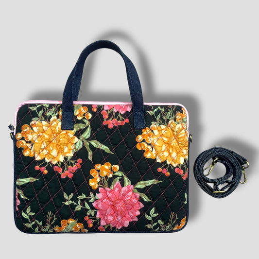 Black Flora Laptop Bags with Detachable Shoulder Strap