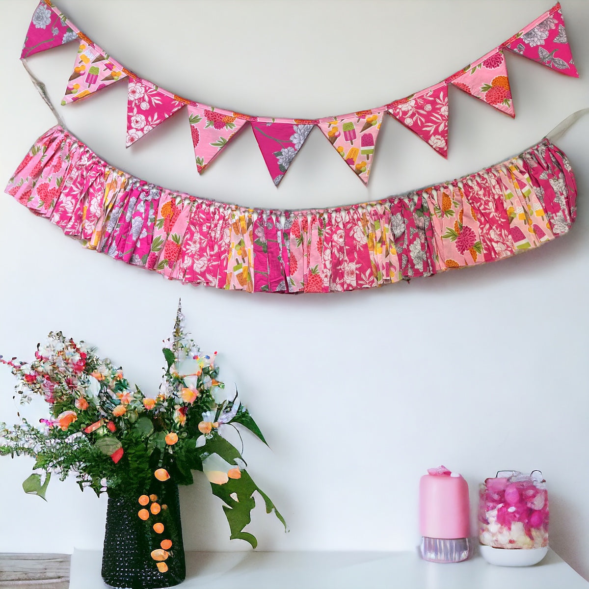 Upcycled Party Pink Streamer Combo - Pink Banner Bunting + Pink Fringe Streamer Garland (Pack of 2)