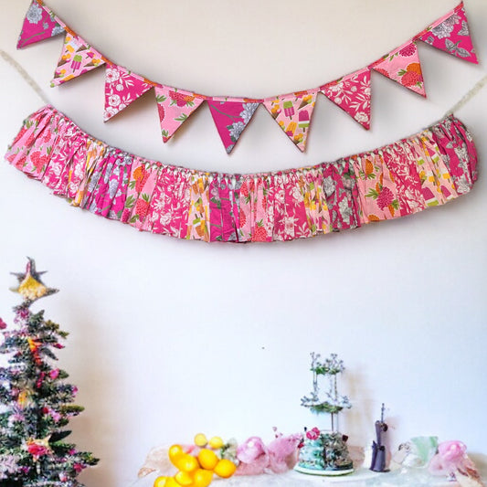 Upcycled Party Pink Streamer Combo - Pink Banner Bunting + Pink Fringe Streamer Garland (Pack of 2)