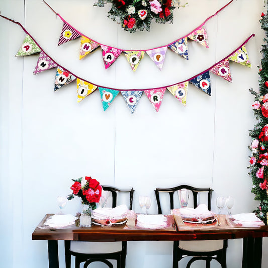 "Happy Anniversary" Upcycled Fabric Bunting