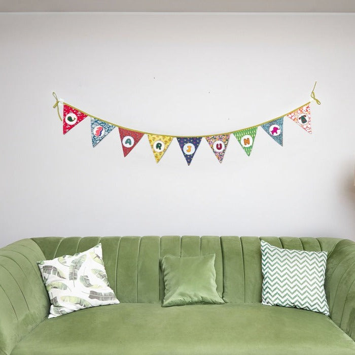 Upcycled Personalized Name Banner with Animal Motifs (Triangle Flag)