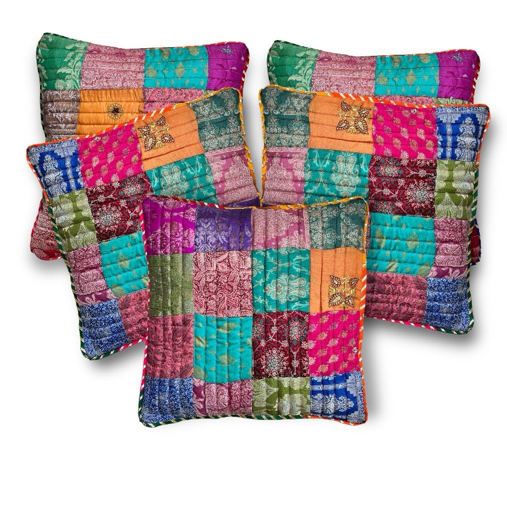 Silk Symphony Patchwork Cushion Covers with Lace Piping (100% Silk)