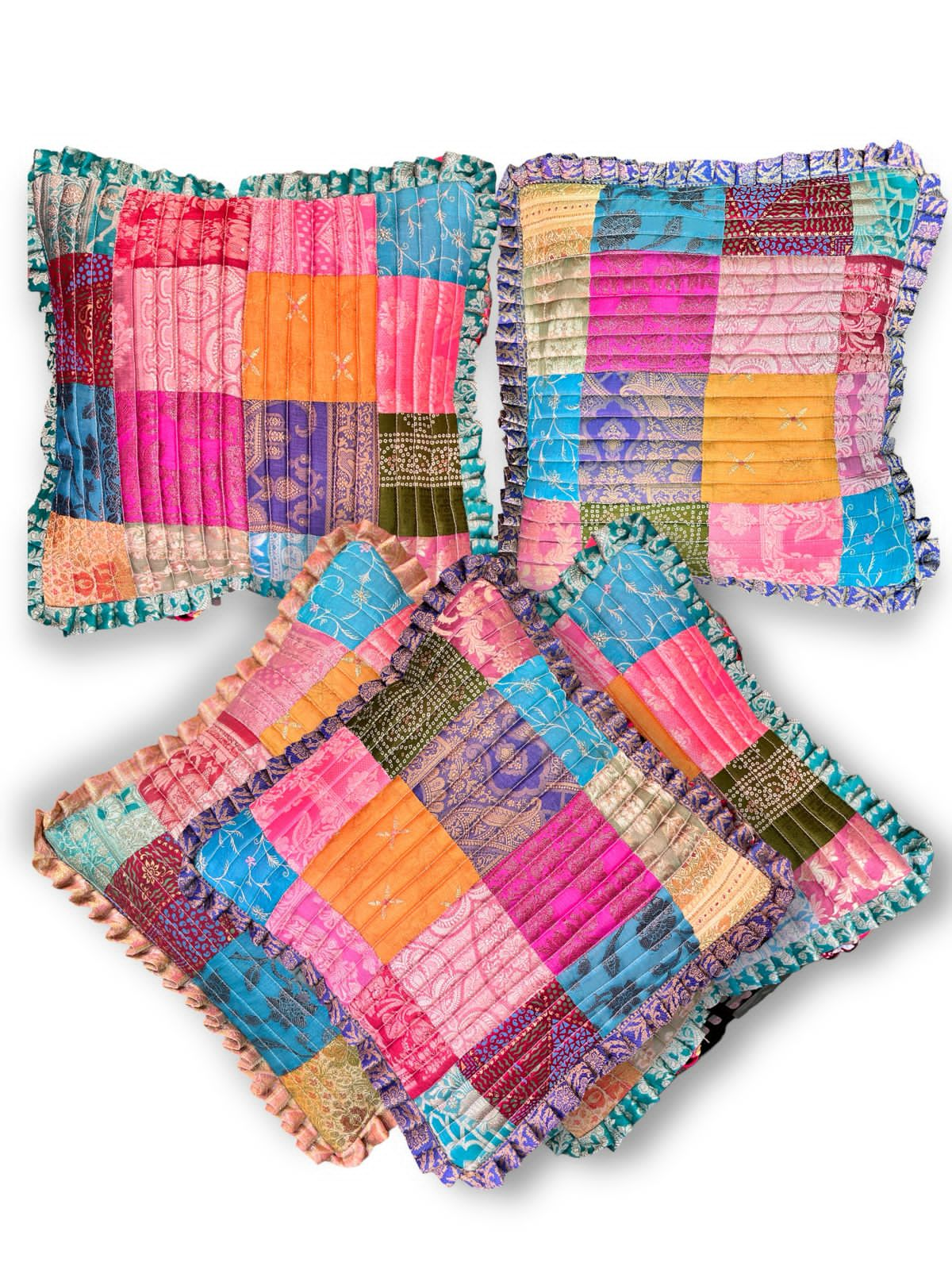 EarthSilk Patchwork Frilly Cushion Covers (100% Silk)