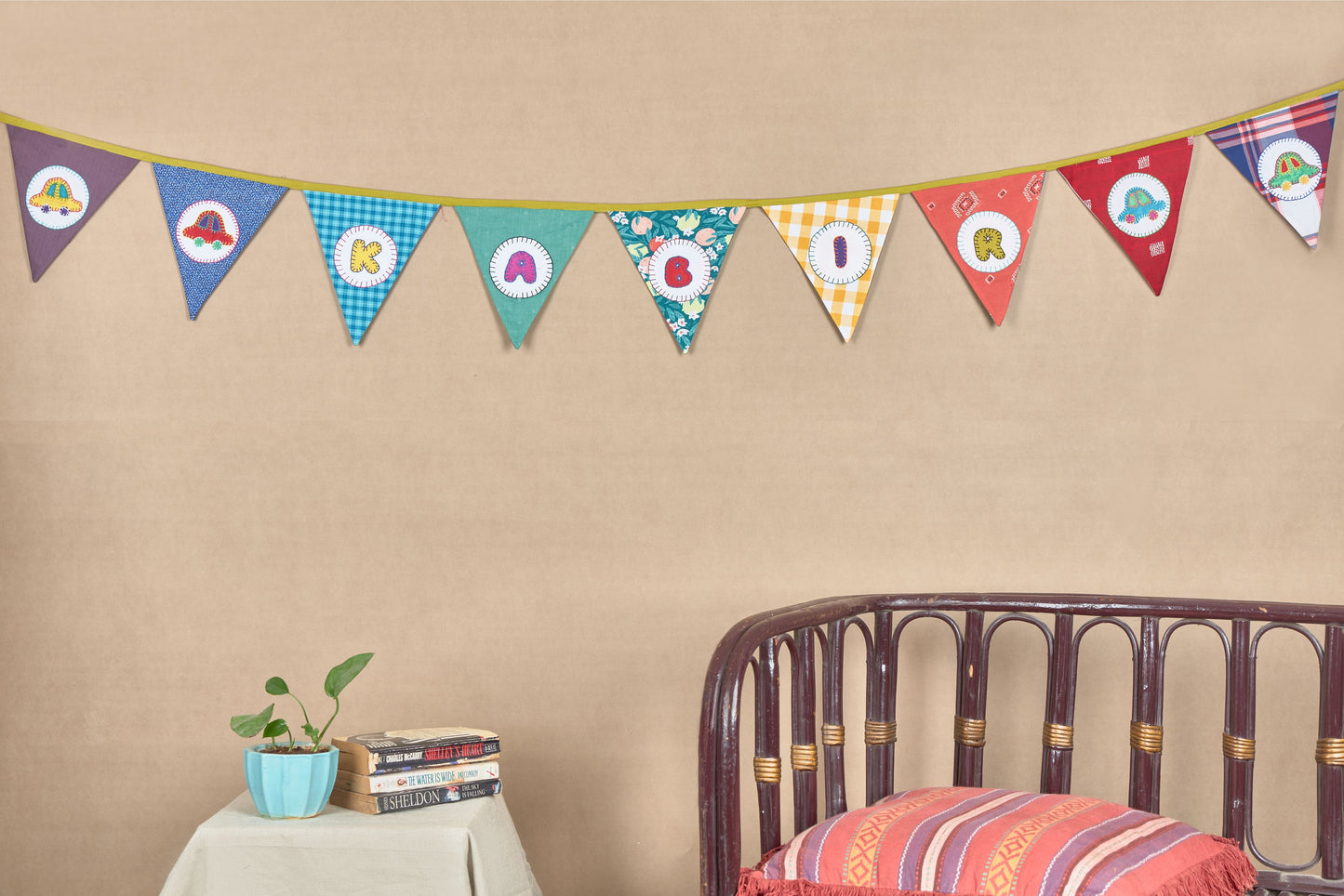 Upcycled Personalized Name Banner with Cars Motifs (Triangle Flag)