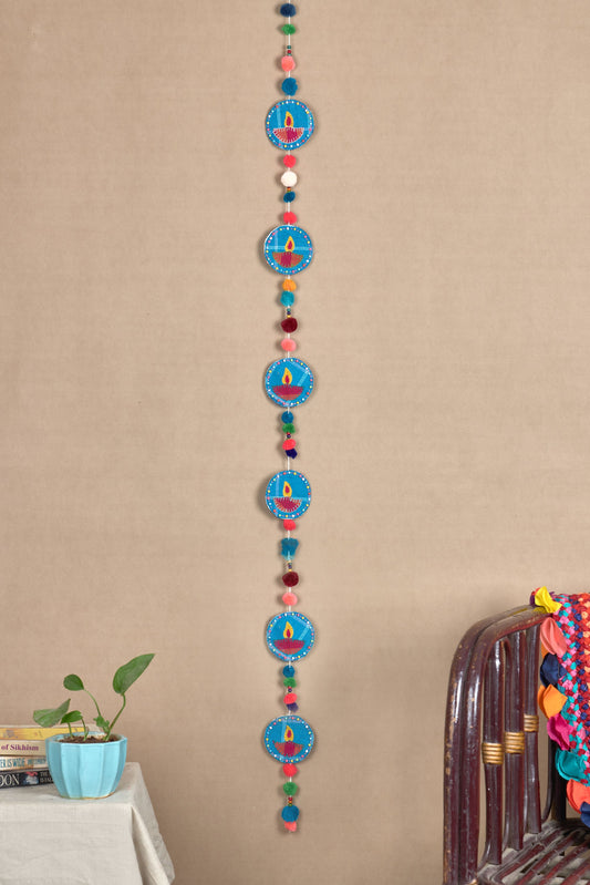 Upcycled Handmade Fabric PomPom Diya String Festive Decoration Hanging Prop